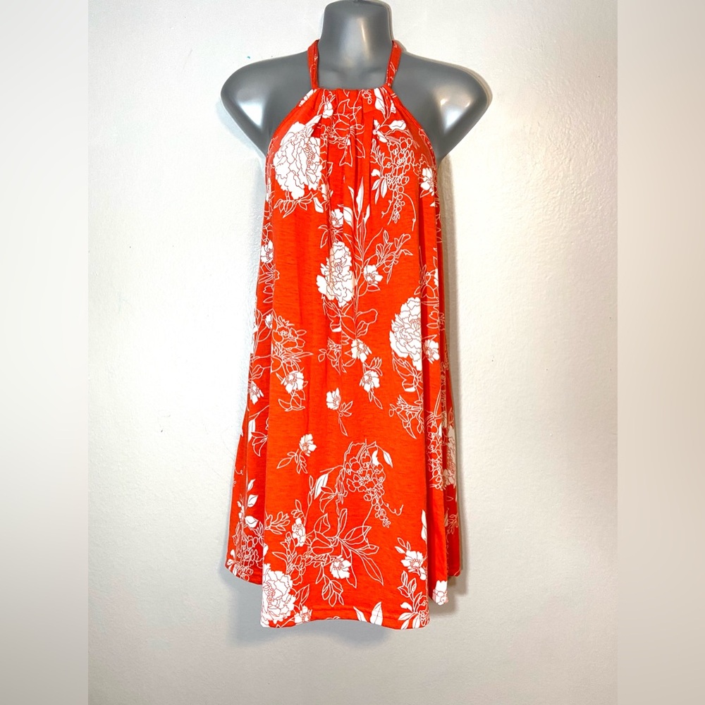 Beachy floral slip on halter tie dress. Size medium. Poly/cotton. White/…
